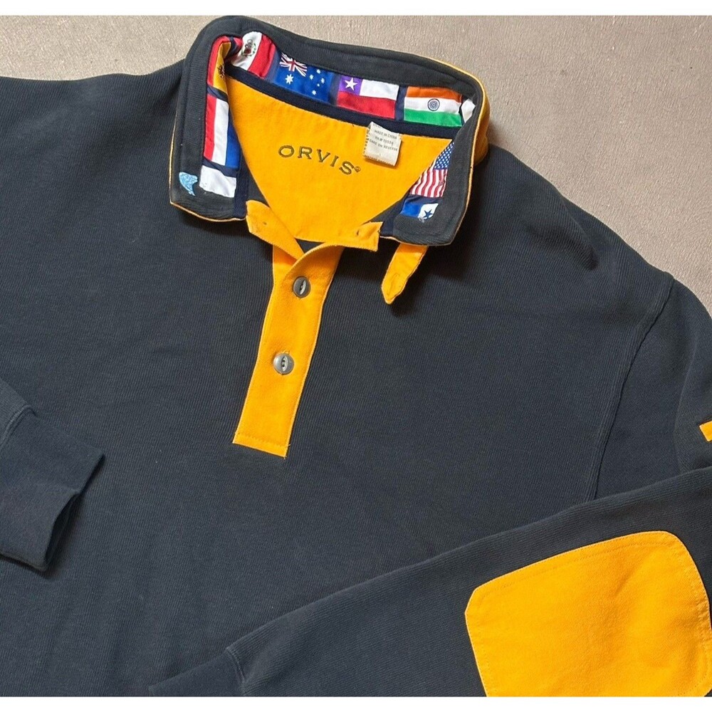 Vtg Orvis Elbow Patches Nautical Flag 3 Button Sweatshirt Polo Mens Sz Large